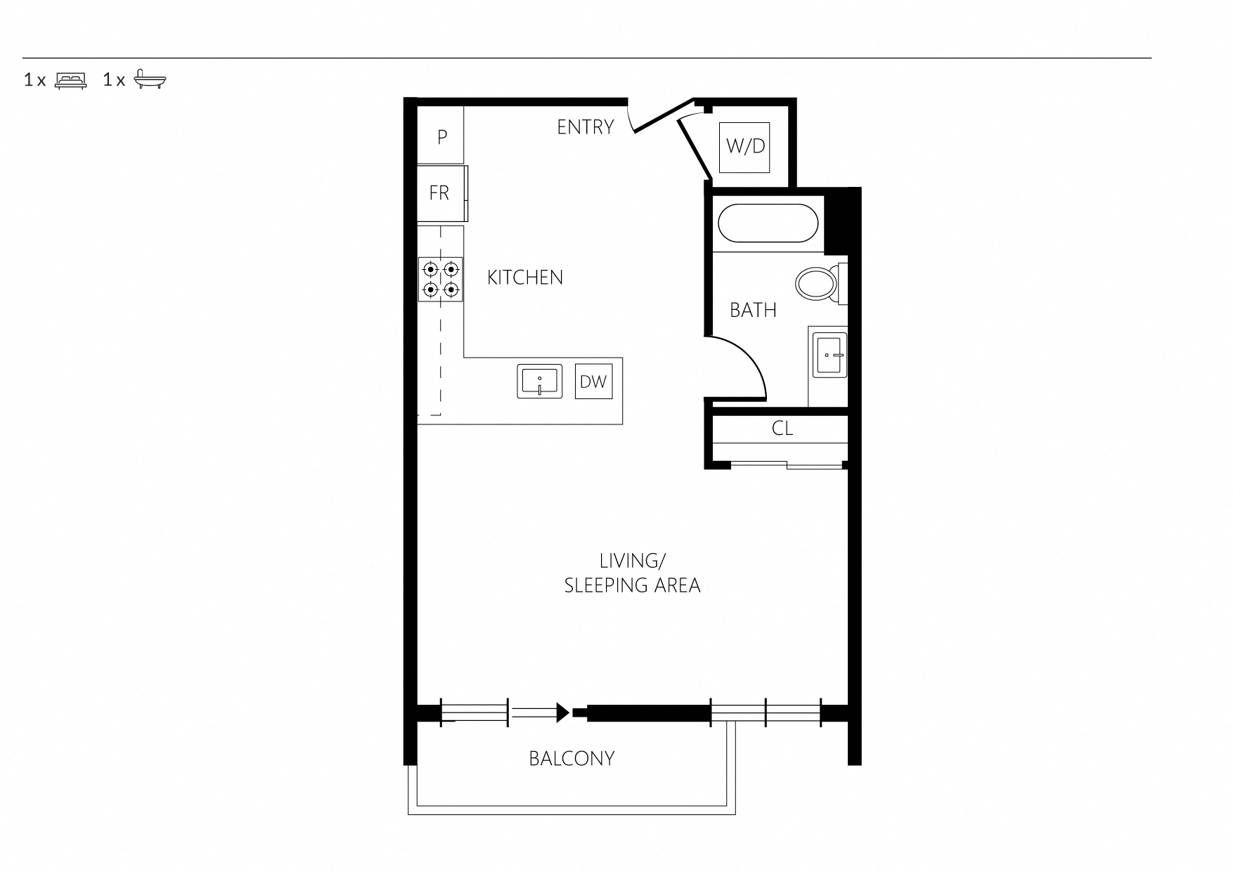 Floor plan for studio, 1 bath, 560 sqft